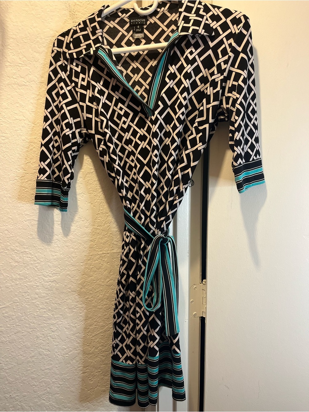 Enfocus Studio Black & White Geometric Wrap Dress with Teal Stripes